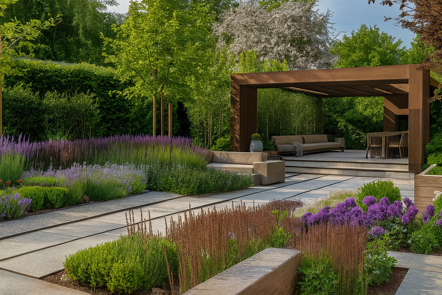 Modern garden design with pergola and lavender plantings
