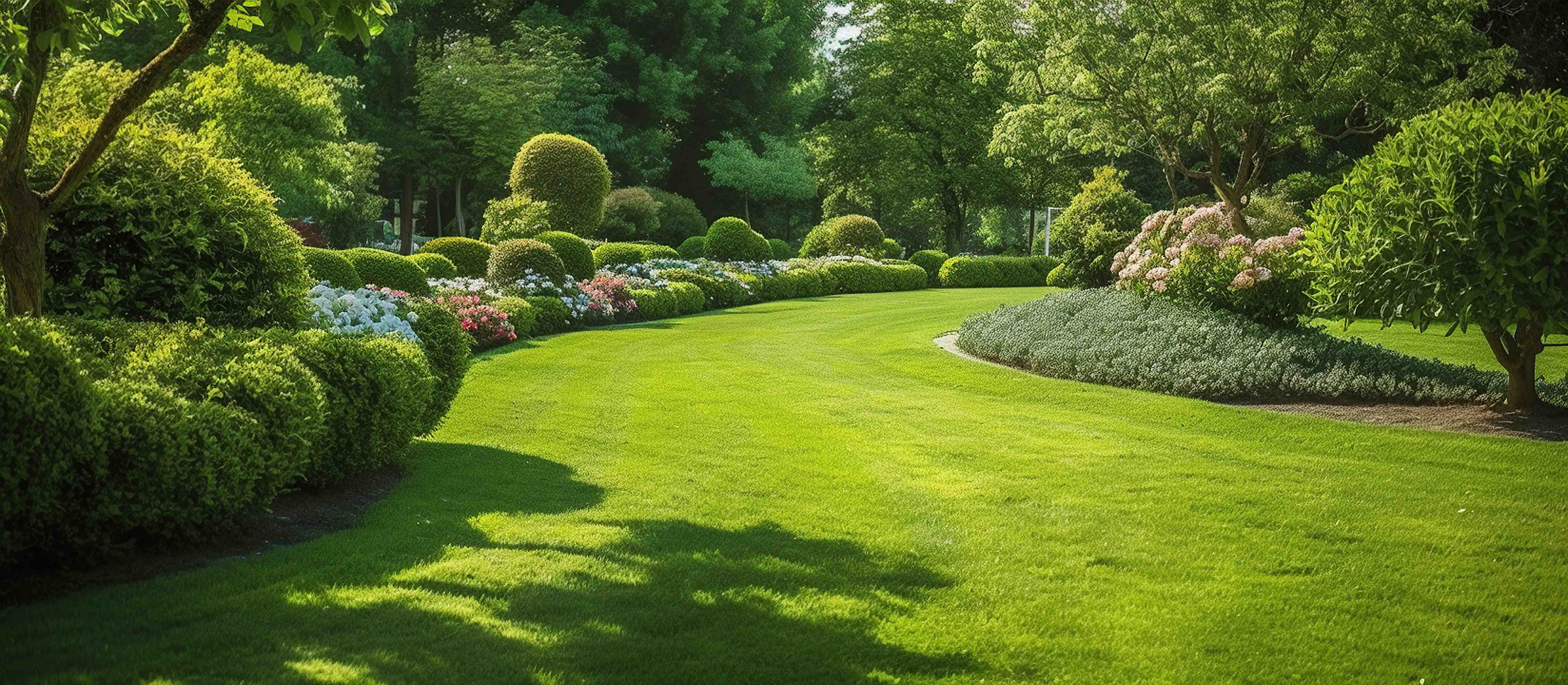 Pristine landscaped garden with artistic topiary and colorful blooms